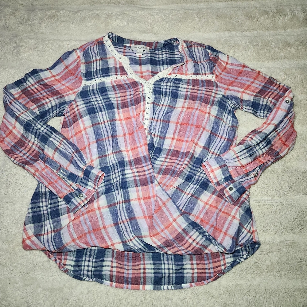 Vintage America Top Womens  Sz M Pink Blue Plaid Blouse Long Sleeve 100% Cotton